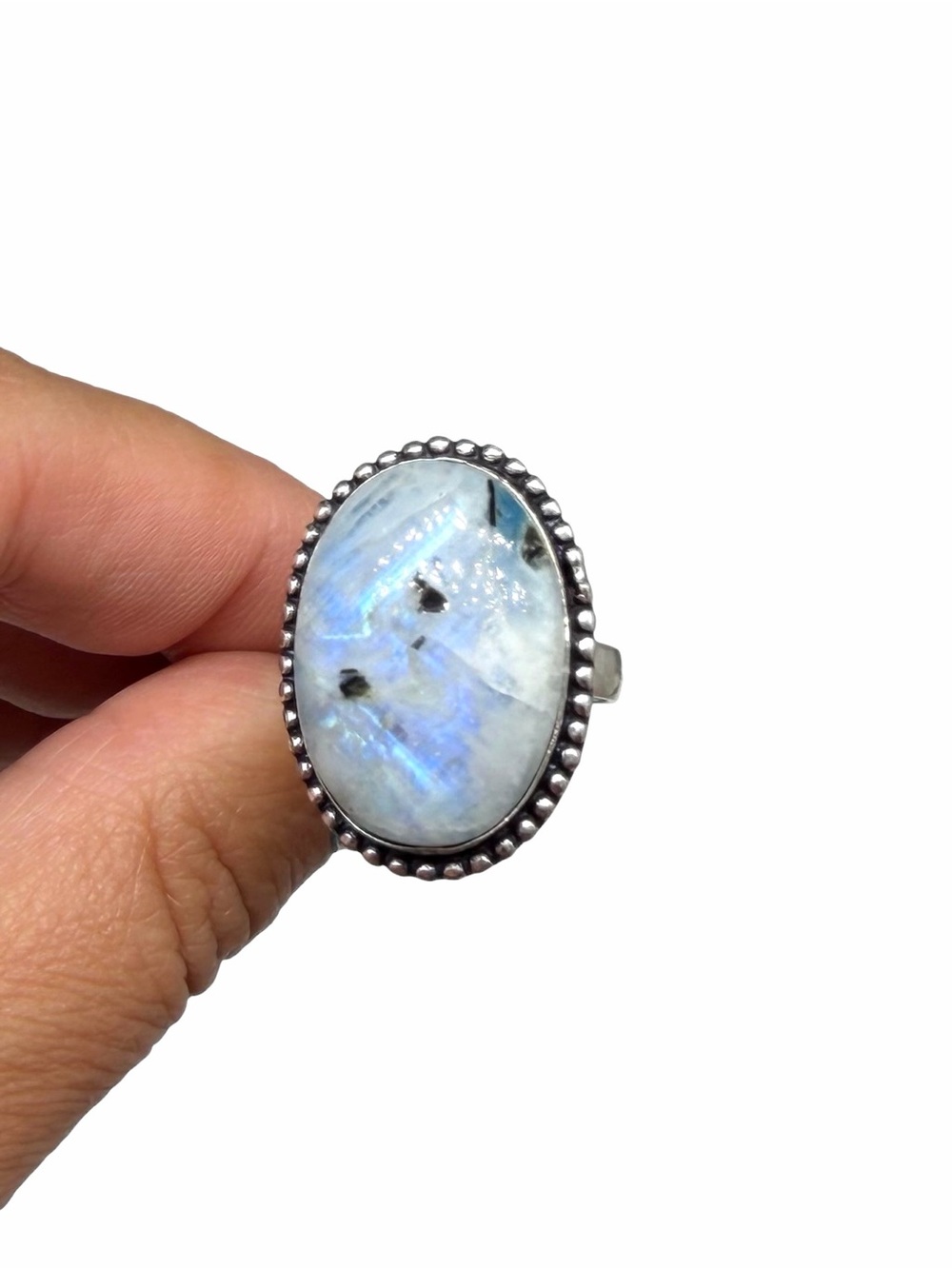 Blue Flash Rainbow Moonstone Ring Size 9 925 Sterling Silver Overlay Oval Stone - Picture 5 of 11